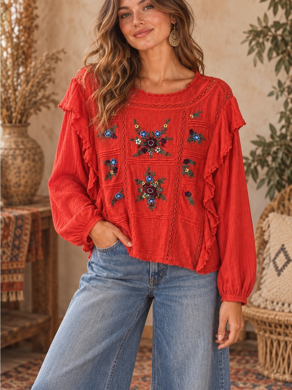 Free People Red Embroidered Ruffle Peasant Top (671345) 🌼 ☀️